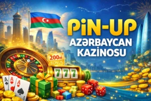 Pin-Up Azərbaycan kazino banneri, Bakı şəhəri, ruletka, slot 777 və bonus təklifi